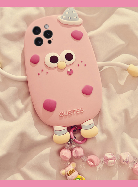 适用苹果16e手机壳iPhone15promax可斜挎14卡通13立体11草莓12怪兽8plus带7p挂绳6s挂链xsmax八8七x粉色硅胶p