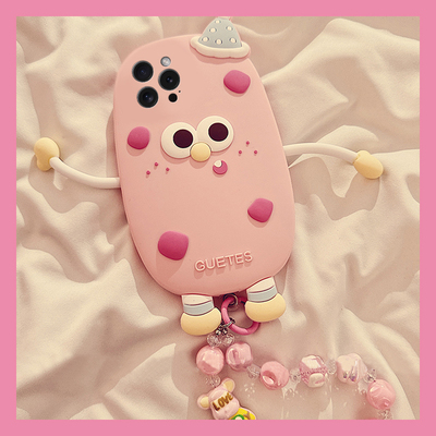 适用苹果16e手机壳iPhone15promax可斜挎14卡通13立体11草莓12怪兽8plus带7p挂绳6s挂链xsmax八8七x粉色硅胶p
