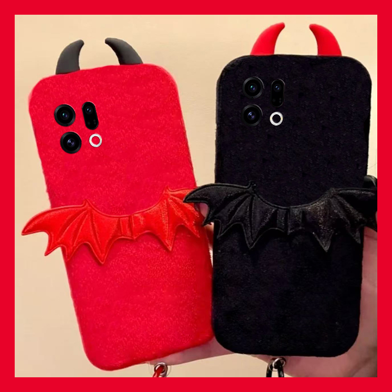 手机壳秋冬毛绒卡通恶魔翅膀立体耳朵尼龙绳