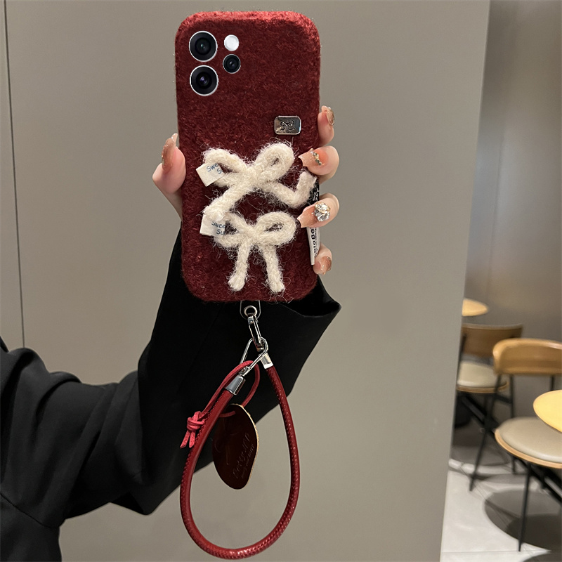 手机壳秋冬绒布红色立体毛绒蝴蝶结挂件皮绳