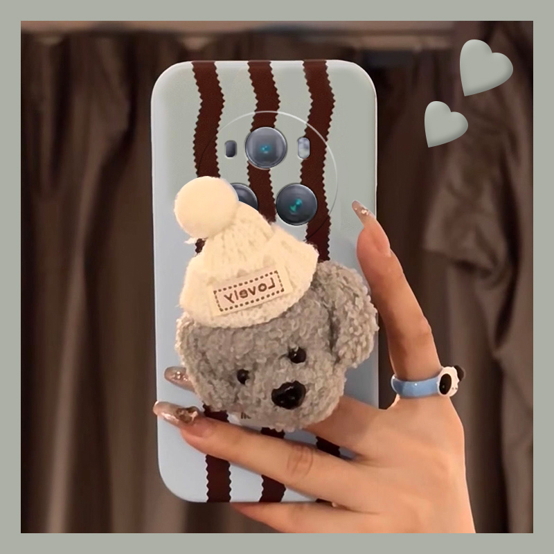 手机壳线条卡通立体秋冬毛绒帽子小狗带支架