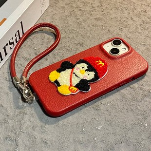 红色刺绣企鹅适用华为mate80promax手机壳mete80gts新年70air马年60pro 带50e挂绳40简约30e可爱十honor仿皮p