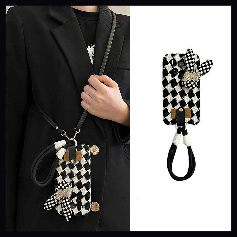 手机壳秋冬绒布菱格卡通兔子兔头尼龙绳斜跨