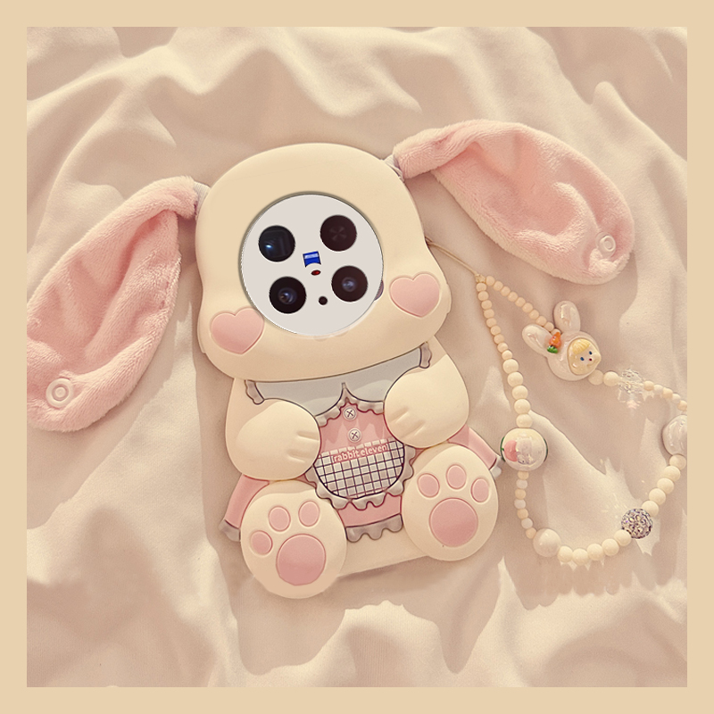 手机壳卡通呆萌爱心兔子带手提绳斜跨挂绳