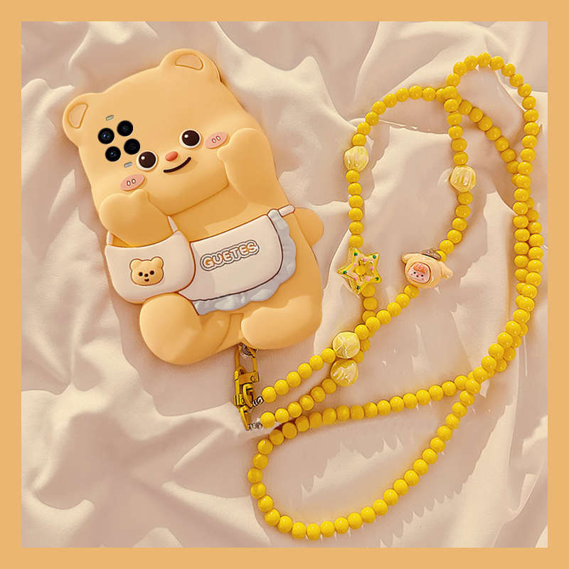 手机壳硅胶卡通呆萌黄油小熊带挂链斜跨挂绳