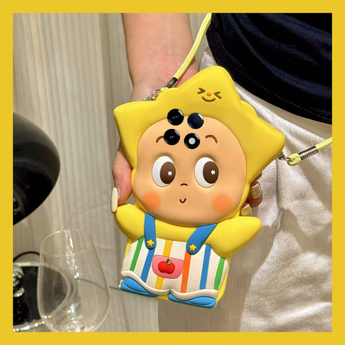 手机壳硅胶可爱卡通背带裤星星人带斜跨挂绳