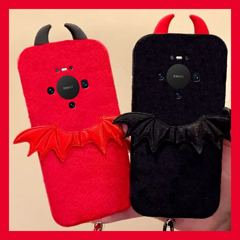 手机壳秋冬毛绒卡通恶魔翅膀立体耳朵尼龙绳