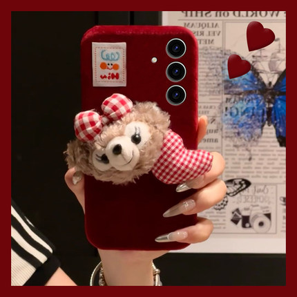 适用三星s23ultra手机壳s24plus立体s21蝴蝶结s10+达菲熊s22带s20挂链note10秋冬s9毛绒s23fe冬天s8十noto20