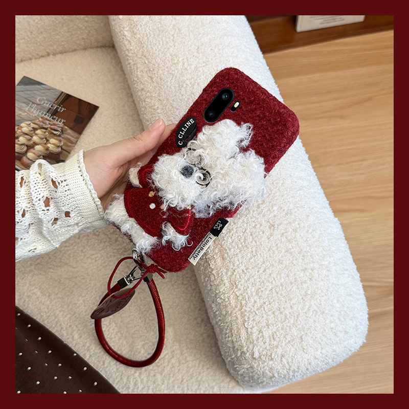 手机壳秋冬毛绒新年红色卡通眼镜小狗手提绳