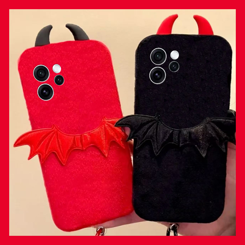 手机壳秋冬毛绒卡通恶魔翅膀立体耳朵尼龙绳