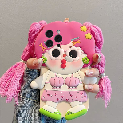 适用苹果16e手机壳iPhone15promax搞怪14女孩13立体11毛绒12辫子8plus卡通7p趣味6s丑萌xsmax八8七x粉色硅胶p