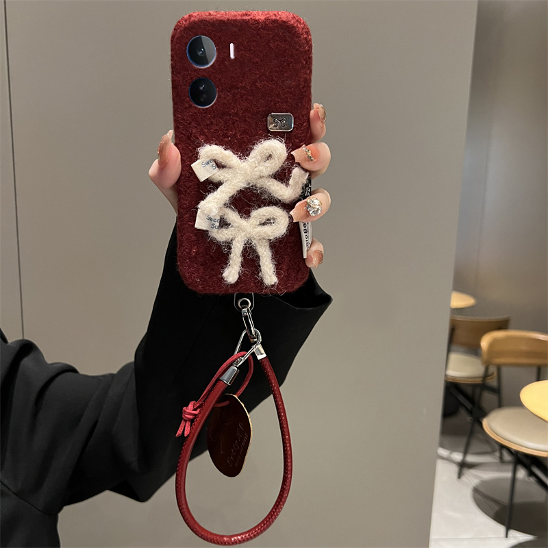 手机壳秋冬绒布红色立体毛绒蝴蝶结挂件皮绳