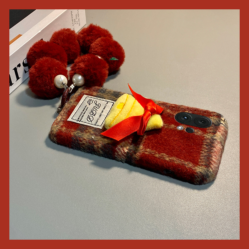 手机壳秋冬绒布红色格子立体圣诞铃铛带手链