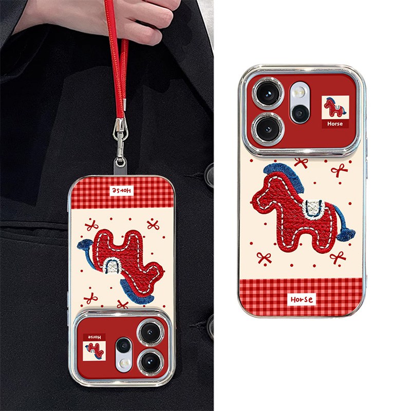 手机壳硅胶红色马年刺绣小马手绳