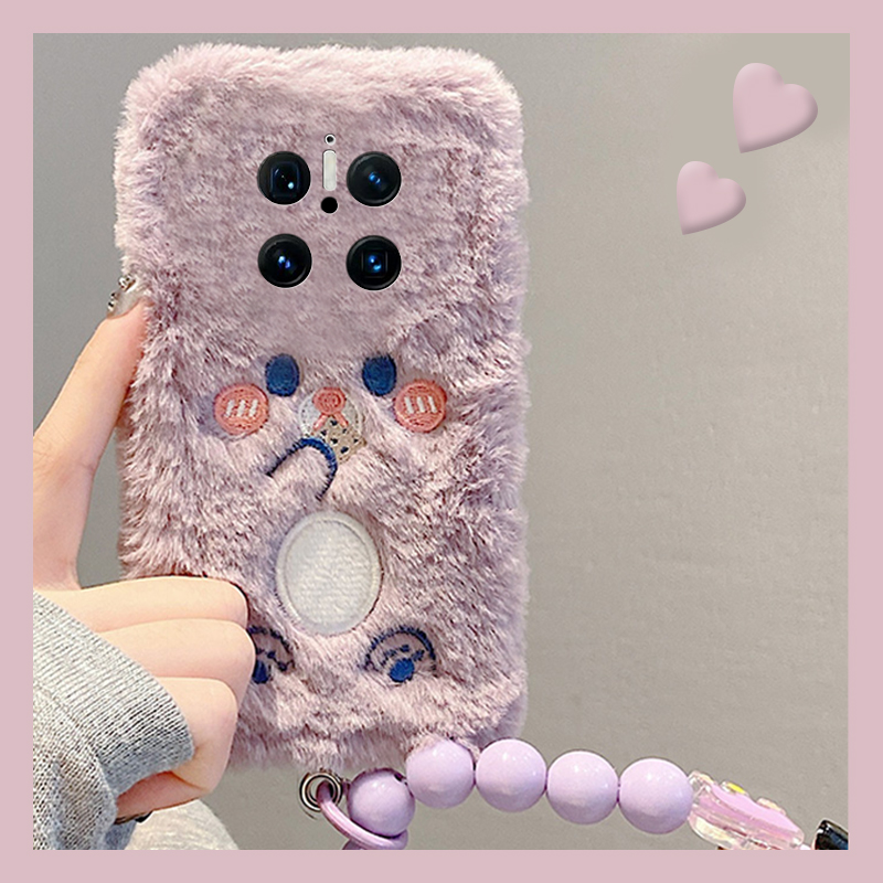 手机壳秋冬毛绒刺绣饼干小熊带挂链斜跨挂绳