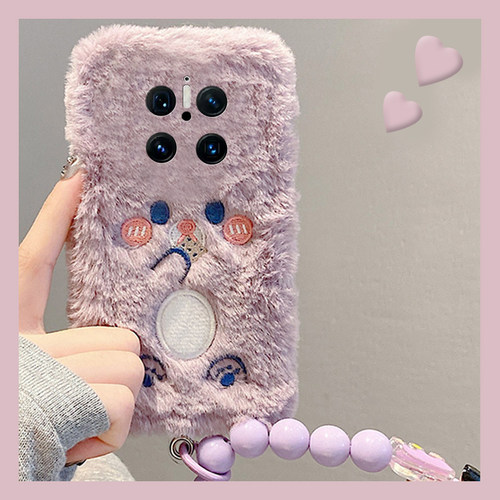 手机壳秋冬毛绒刺绣饼干小熊带挂链斜跨挂绳