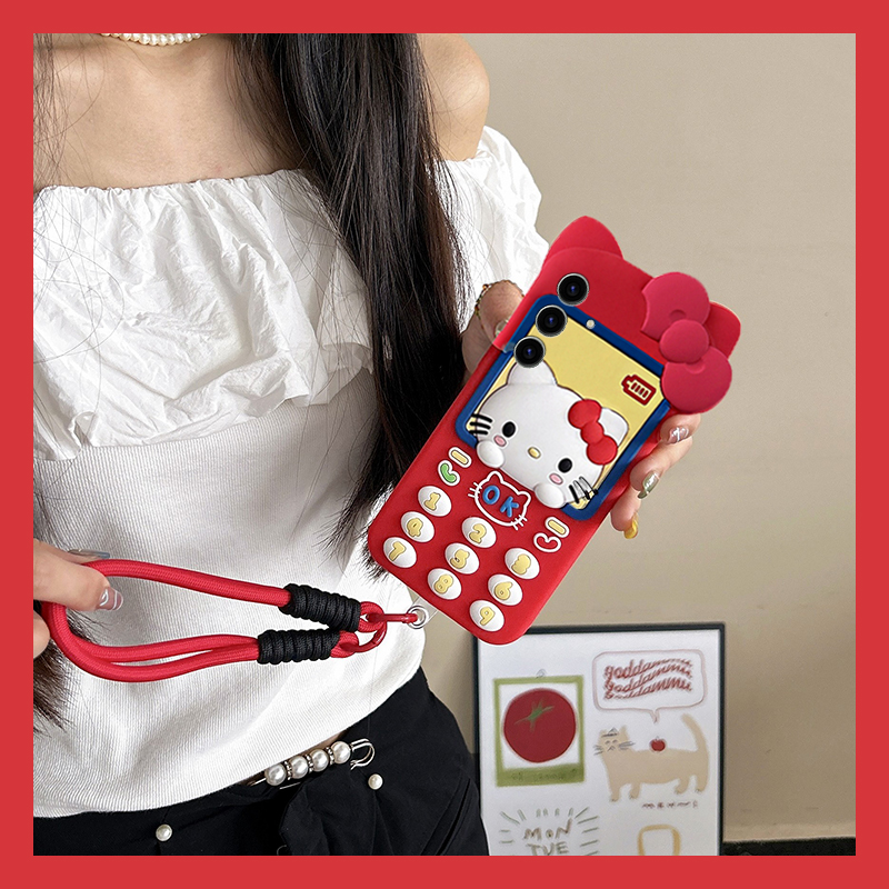 手机壳硅胶红色卡通KT猫凯蒂猫大哥大电话机