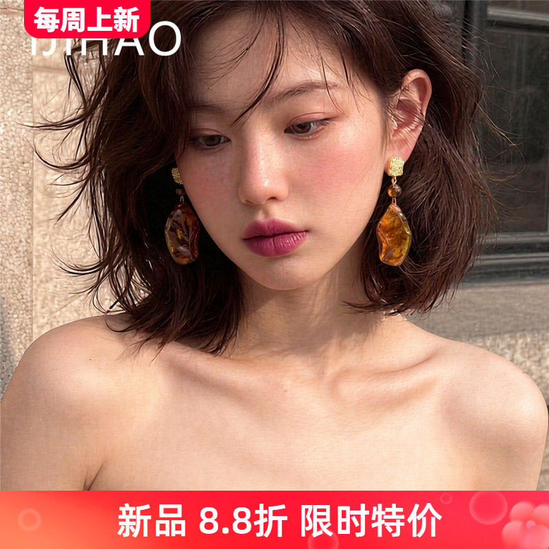 琥珀之夏~港风复古不规则晕染树脂几何耳饰 个性夸张简约高级耳环