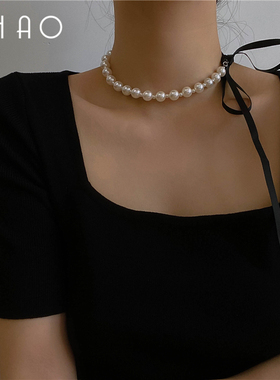 CHOKER新款潮法式蝴蝶结绑带珍珠