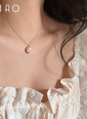 蜜桃甜心 夏日小清新粉色爱心镶钻桃子耳环 温柔水蜜桃高级锁骨链
