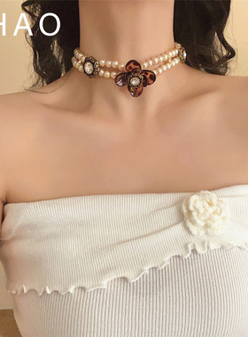 琥珀秋冬~欧美复古豹纹花朵双层珍珠项链女 ins百搭高级感锁骨链