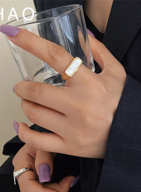 轻奢风金属开口百搭个性戒指独特长方形白宝石镶嵌时尚高级感指环