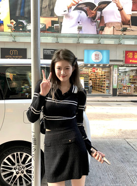 WANANTONG citywalk! 珍妮feu羊毛条纹polo+短裙针织套装女秋季