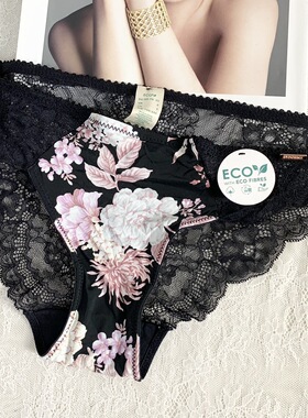 外贸欧美印花中腰大码4XL三角包臀性感蕾丝边透明气质黑色内裤女