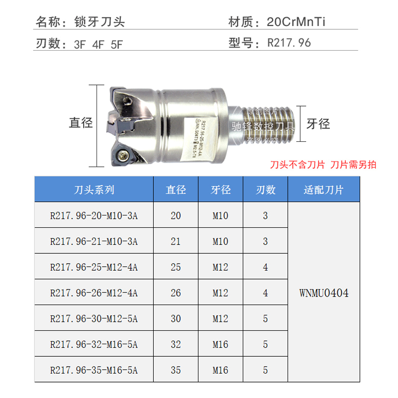 R21796抗震锁牙刀头重切削快进给双面六角刀片WNMU0404铣刀杆