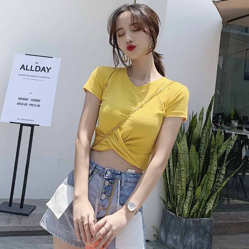 短袖t恤女夏季露脐超短款修身韩版紧身显瘦性感v领高腰上衣漏肚脐