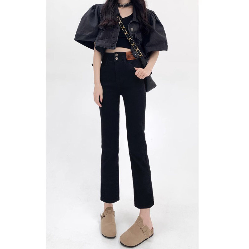 黑色直筒牛仔裤女夏季新款小个子九分裤高腰显瘦法棍裤窄版烟管裤