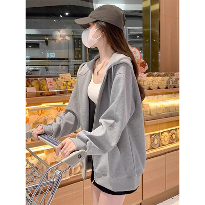 美式复古中长款灰色连帽卫衣外套女士春秋初中生宽松显瘦拉链开衫