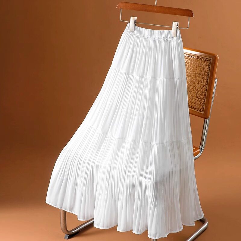 白色雪纺压褶半身裙女夏宽松大裙摆a字长裙飘逸仙女裙中高腰裙子