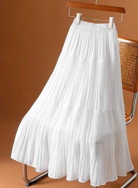 白色雪纺压褶半身裙女夏宽松大裙摆a字长裙飘逸仙女裙中高腰裙子
