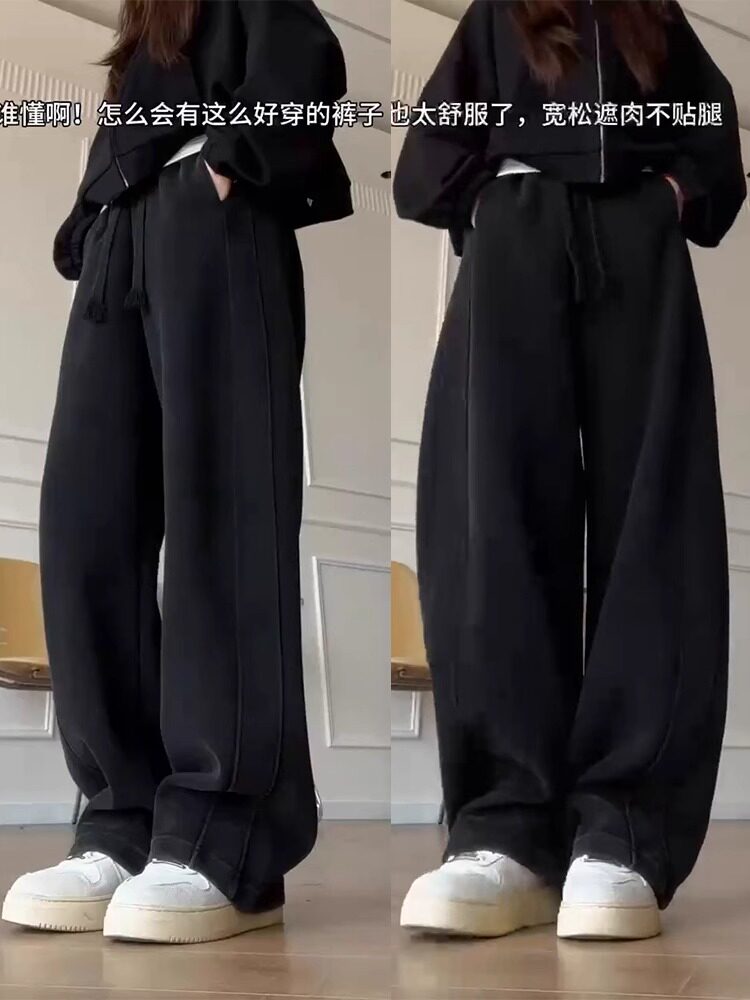 黑色运动裤女2025新款春秋宽松阔腿卫裤高腰镰刀裤显瘦弯刀香蕉裤