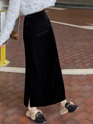 金丝绒半身裙秋冬款小个子长裙春季裙子女2025新款开叉黑色直筒裙