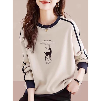 欧货撞色印花卫衣长袖T恤女2025春秋新款内搭打底衫宽松显瘦上衣