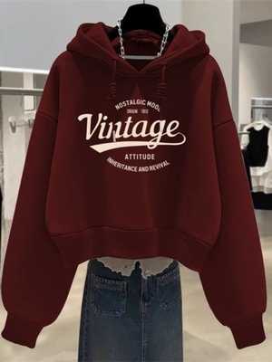 安可拉红加绒连帽卫衣女春秋新款美式小个子圣诞新年红色短款上衣