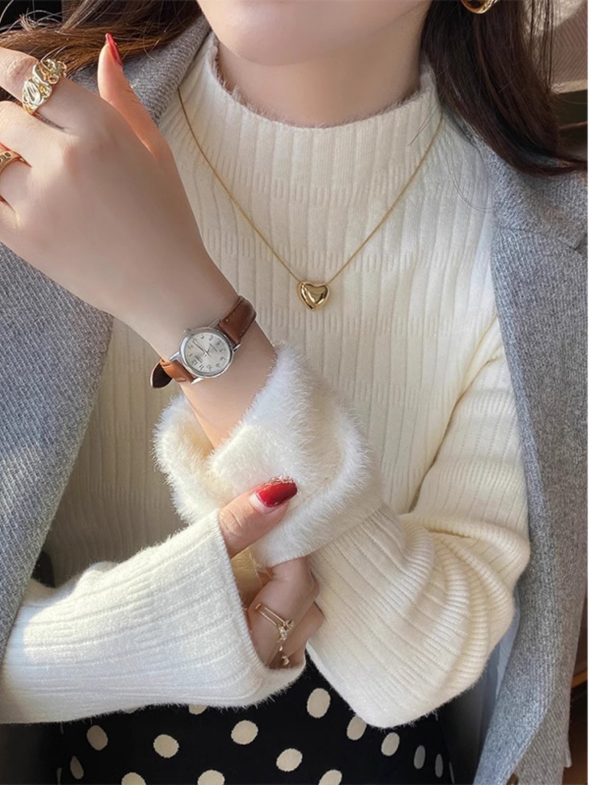 白色半高领打底衫女春秋加绒加厚毛衣洋气一体绒内搭针织衫上衣,女装/女士精品,毛衣,淘宝优惠券,粉丝福利购,淘宝优惠卷
