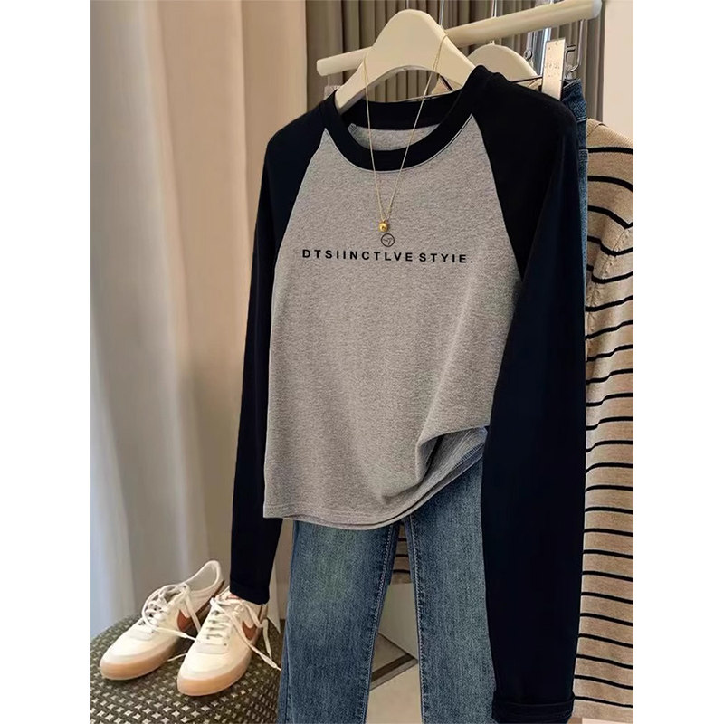 灰色插肩袖纯棉T恤女春秋新款设计感撞色拼接宽松内搭打底衫上衣,女装/女士精品,T恤,淘宝优惠券,粉丝福利购,淘宝优惠卷