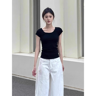 t恤女2025新款 韩版 黑色方领正肩短袖 夏季 上衣 修身 显瘦百搭飞飞袖