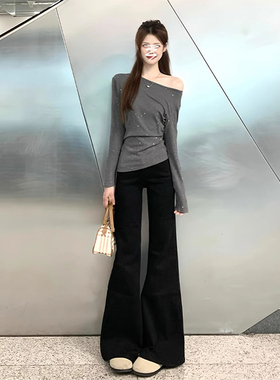 黑色微喇牛仔裤女春秋新款小个子高腰弹力百搭拖地裤不贴腿喇叭裤