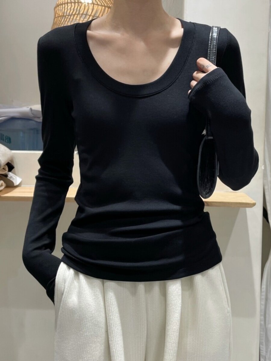 黑色长袖t恤女2025年早秋新款紧身低领内搭打底衫纯色螺纹U领上衣