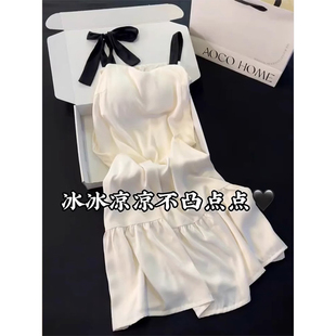 睡衣女夏季 凉感带胸垫杏色裙家居服 冰雪丝蝴蝶结吊带睡裙大码 薄款