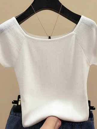法式方领短袖T恤女夏季薄款白色冰丝针织衫时尚洋气修身露背上衣