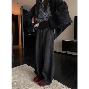 黑灰色孕妇牛仔阔腿裤子秋冬季2025新款加厚保暖磨毛直筒拖地长裤