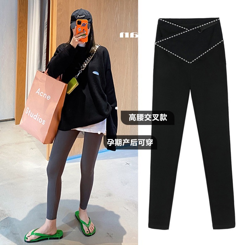 孕妇打底裤子九分春秋季薄款外穿秋装交叉托腹黑色小脚紧身鲨鱼裤