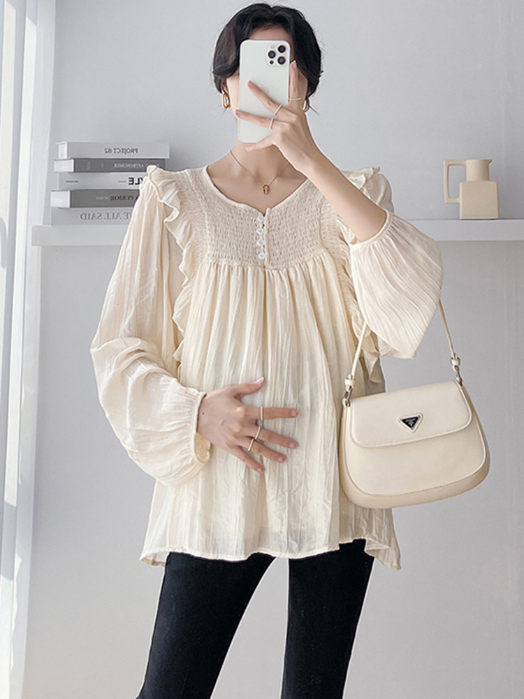 임산부 봄 여름 스타일 셔츠 주름 셔츠 귀걸이 V 넥 긴팔 느슨한 시폰 BABYDOLL 탑