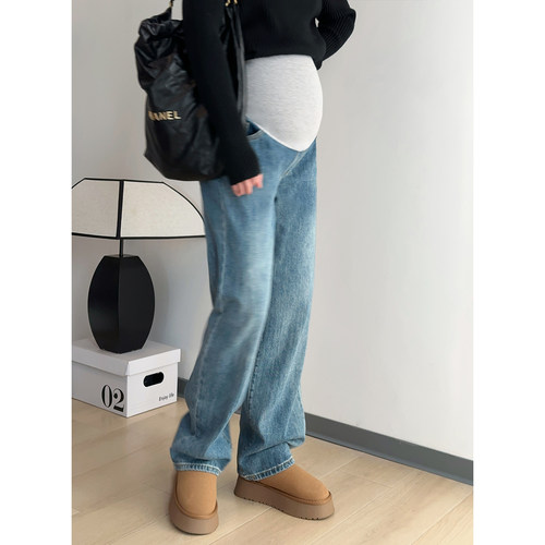 复古蓝孕妇外穿拖地阔腿牛仔裤