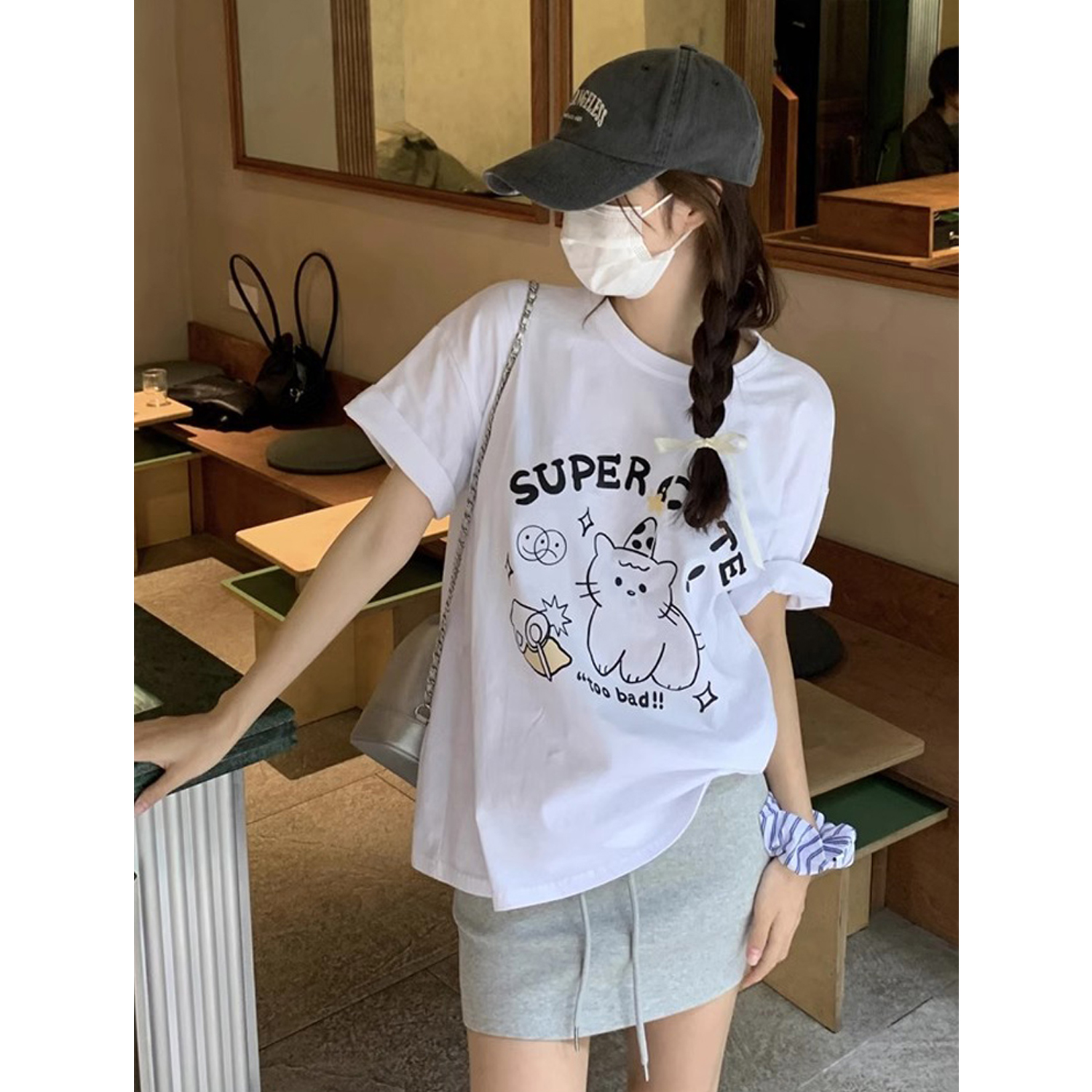 孕妇套装2025新款春夏圆领卡通印花T恤女抽绳包臀短裙春季两件套